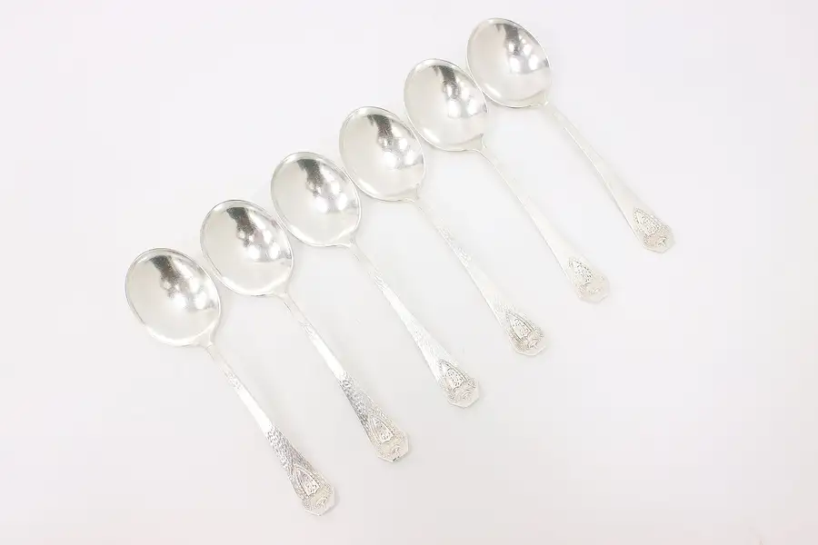 Main image of Set of 6 Antique Hammered Silverplate Cream Soup Spoons, Rodgers
