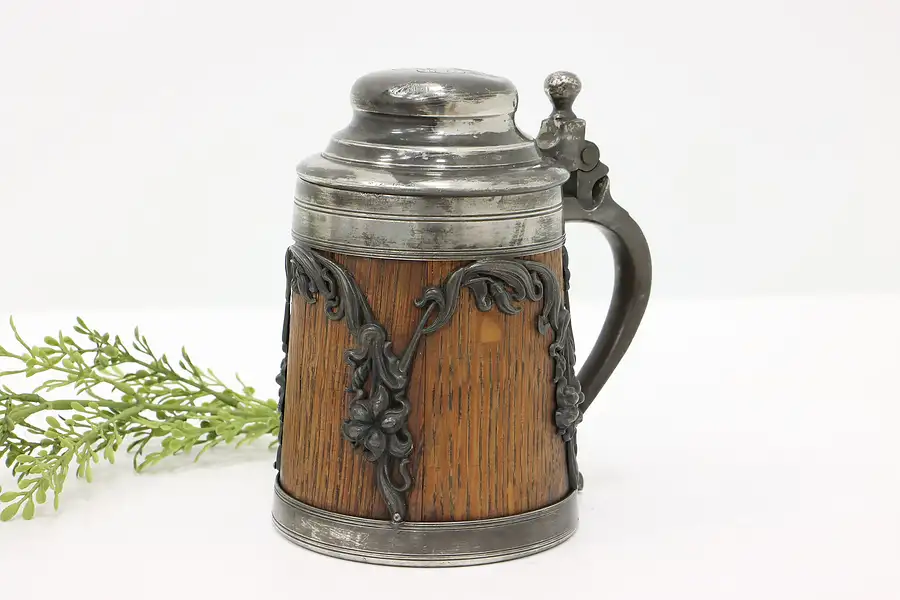 Main image of Farmhouse Antique Silverplate & Oak Beer Stein, Lid, St. Louis Silver