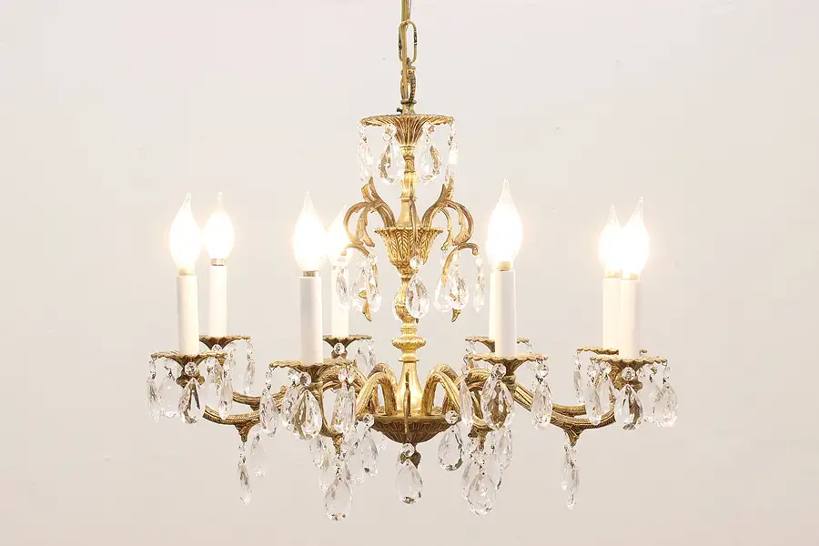 Main image of Regency Design Vintage 8 Arm Brass Chandelier, Crystal Prisms