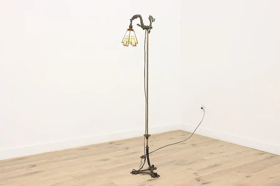 Main image of Dragon Antique Floor Reading or Bridge Lamp, Stained Glass