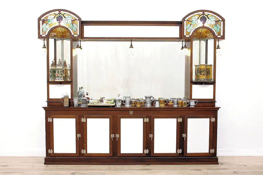 Main image of Craftsman Mission Oak Antique Salvage Back Bar Stained Glass