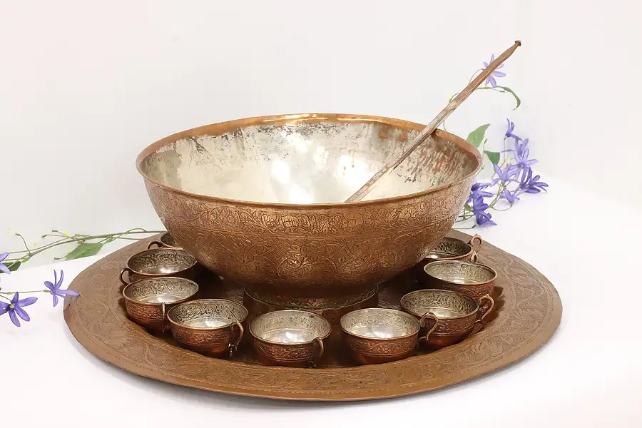 Main image of Copper Antique Arabic Engraved 16 pc Punchbowl Set & Tray