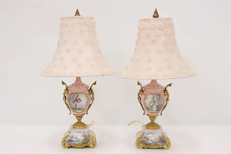 Main image of Pair French Antique Sevres Porcelain & Bronze Boudoir Lamps