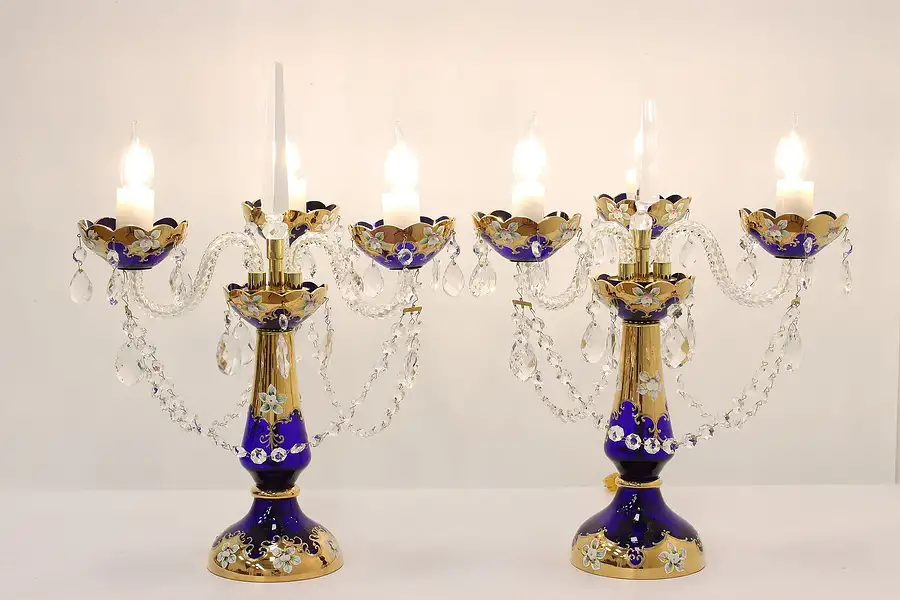 Main image of Pair of Vintage Cobalt & Gold Bohemian Crystal Candelabras