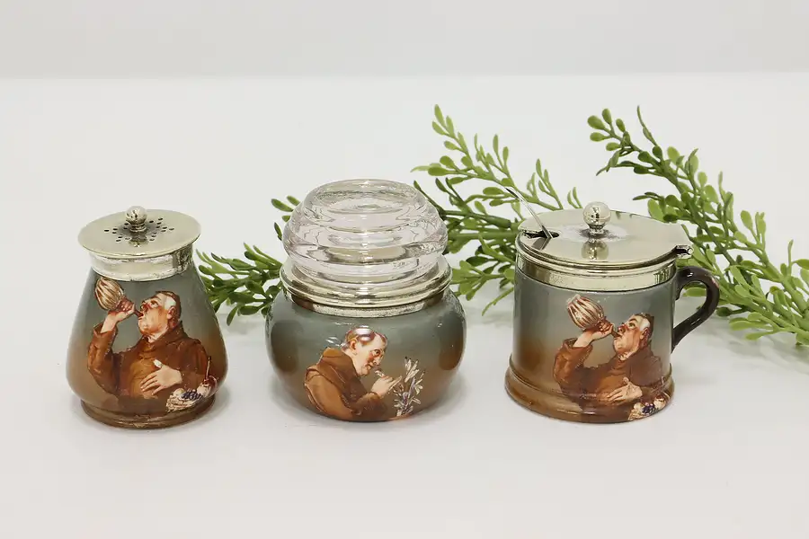 Main image of Set of 3 German Painted Monk Sugar, Mustard Pot & Shaker