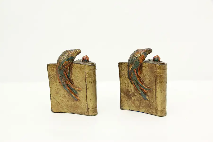 Main image of Pair of Antique Bronze Clad Parrot & Book Bookends