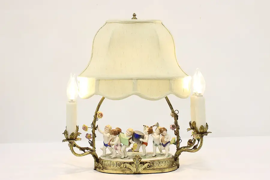 Main image of French Antique Brass Lamp, Porcelain Cherub Musician Band