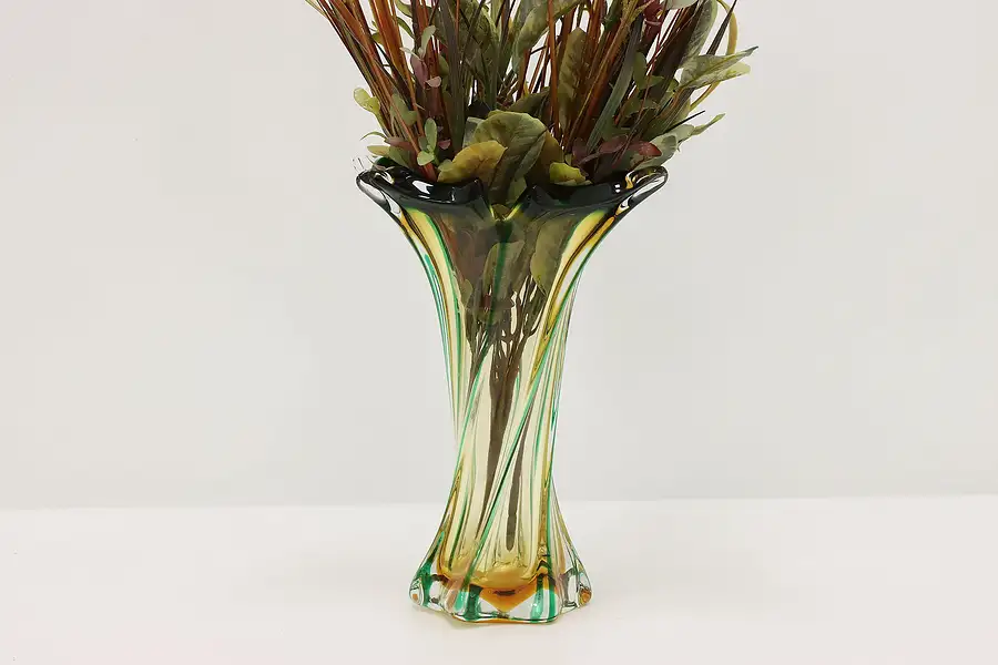 Main image of Murano Italian Green & Yellow Art Glass Vintage Vase