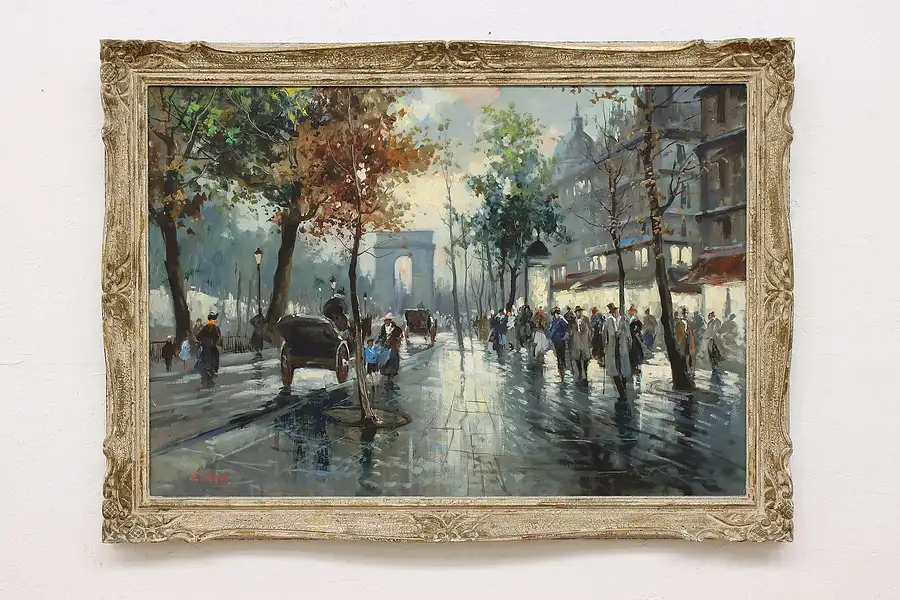 Main image of Paris at Night Vintage Original Oil Painting, Lillar 44.5"