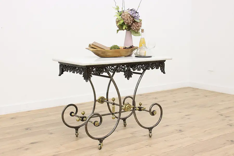 Main image of French Antique Brass & Iron Baker Table Hall Console Marble