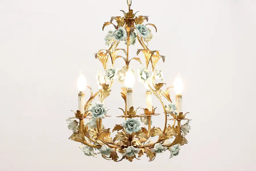 Main image of China Roses & Wrought Gold Vintage Italian Chandelier
