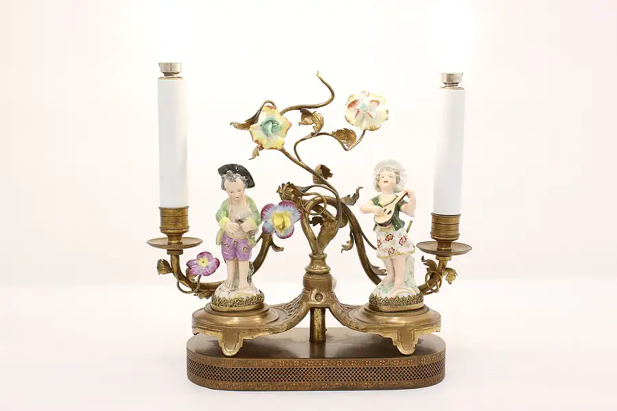 Main image of French Antique Brass Desk Lamp, Porcelain Figures, Boler
