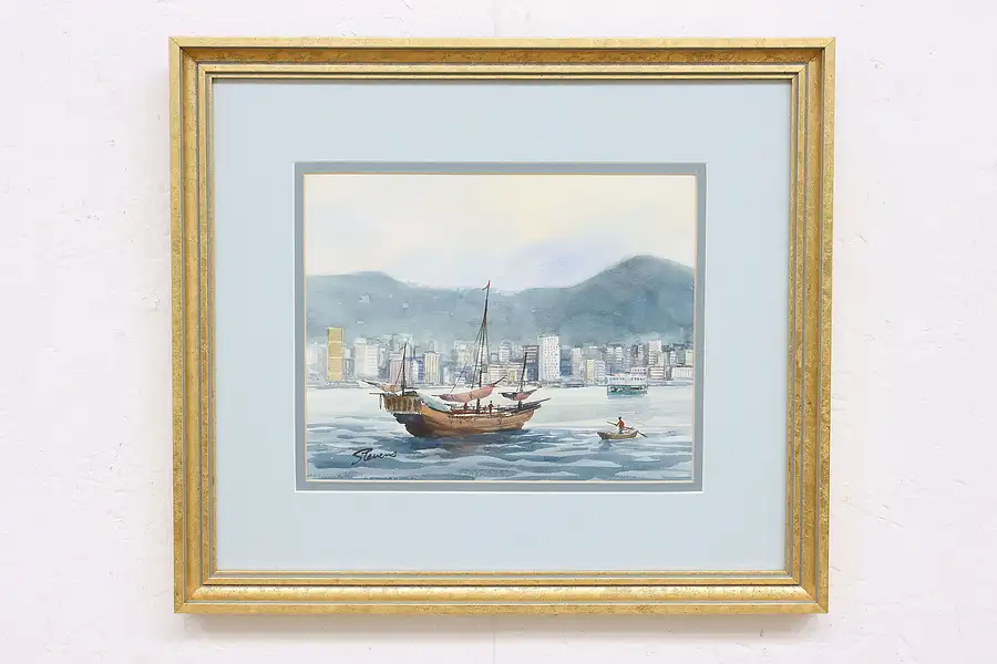 Main image of Harbor Vintage Original Watercolor Painting, Stevens 16.5"