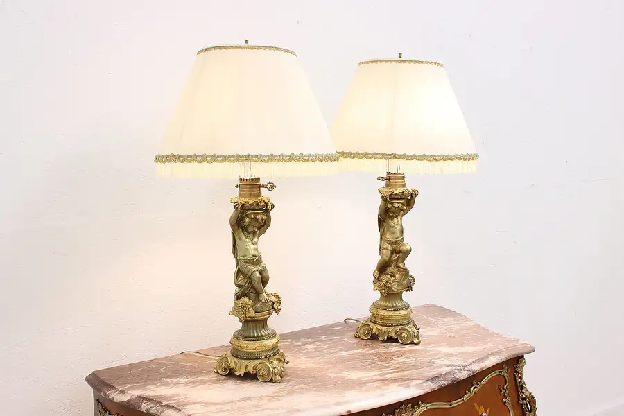Main image of Pair of Cherub & Grapes Antique Bronze Sculptures as Lamps