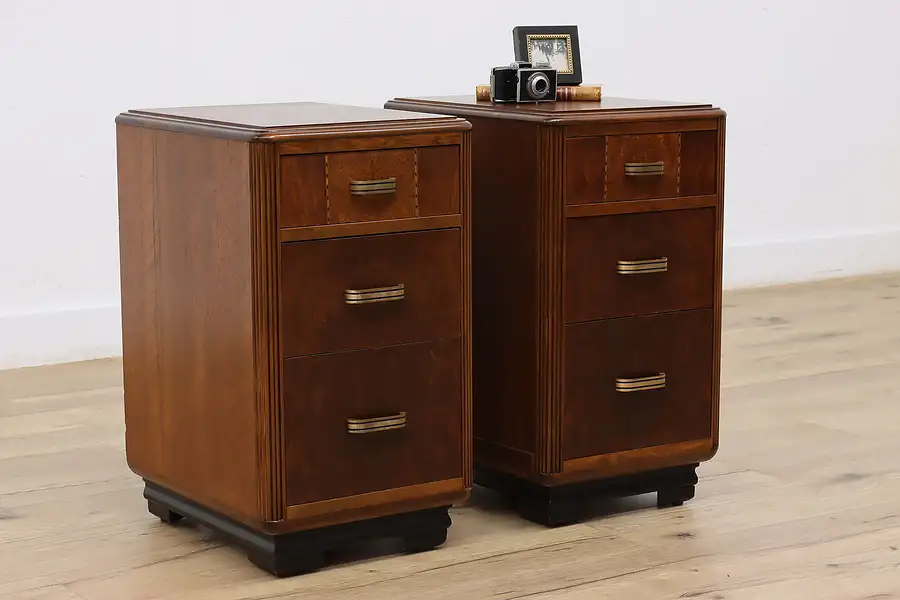 Main image of Art Deco Vintage Walnut & Burl Nightstands, End, Side Tables