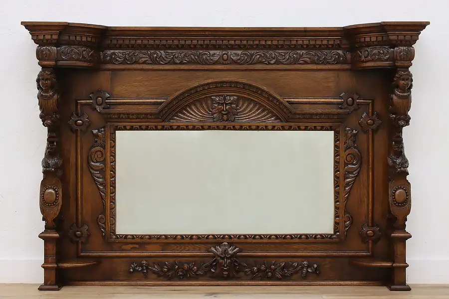 Main image of Oak Antique Salvage Mirror, Mantel or Back Bar, Carved Bears