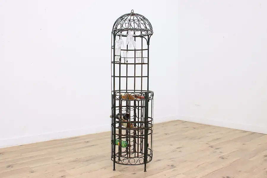 Main image of Farmhouse Vintage Wrought Iron Wine Bottle Cage & Glass Rack