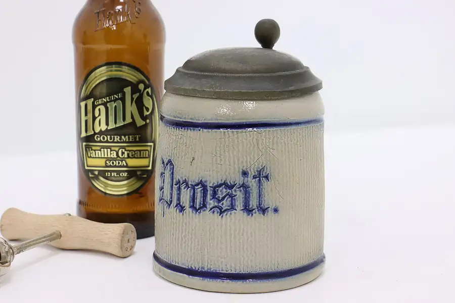 Main image of German Antique "Prosit" Stoneware & Pewter Beer Stein or Mug
