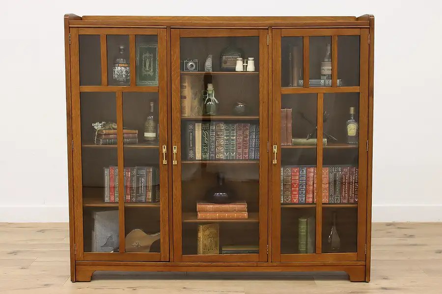 Main image of Arts & Crafts Mission Oak Antique Craftsman Triple Bookcase