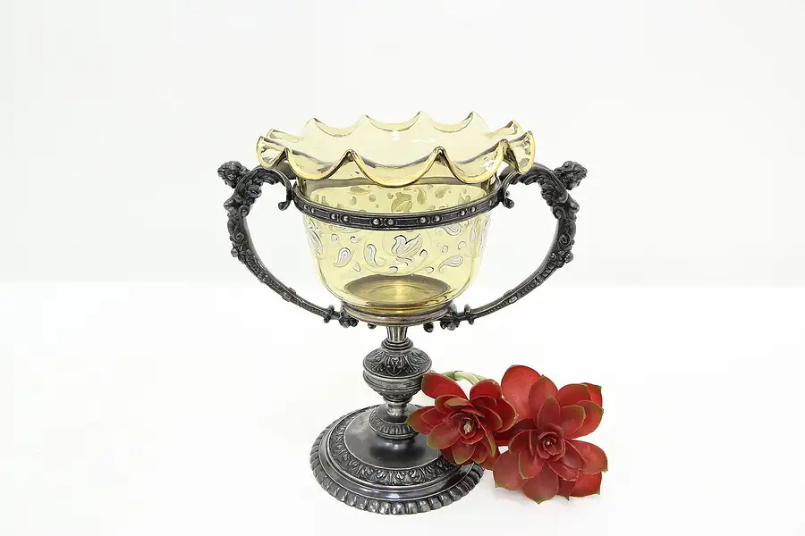 Main image of Victorian Antique Silverplate & Blown Art Glass Compote Vase