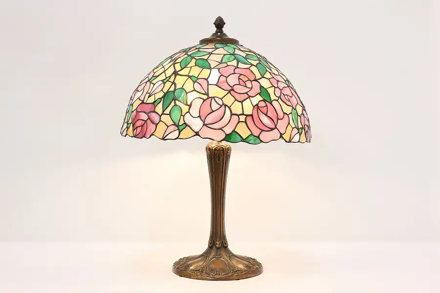 Main image of Leaded Stained Glass Antique Library Desk Lamp Roses, Empire