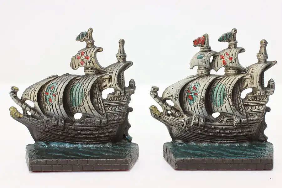 Main image of Pair of Antique Painted Cast Iron Sailing Ship Bookends