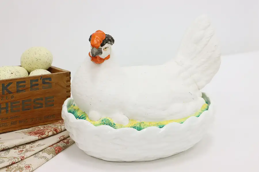 Main image of Farmhouse Antique Hen Chicken on Nest Pottery Bowl & Cover