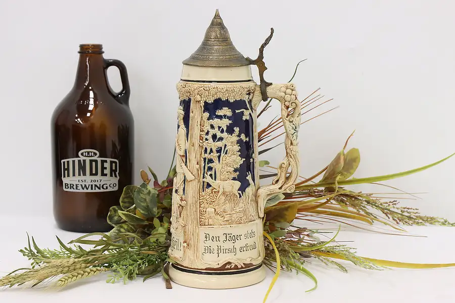 Main image of German Farmhouse Antique Ceramic Beer Stein or Mug, Hunters