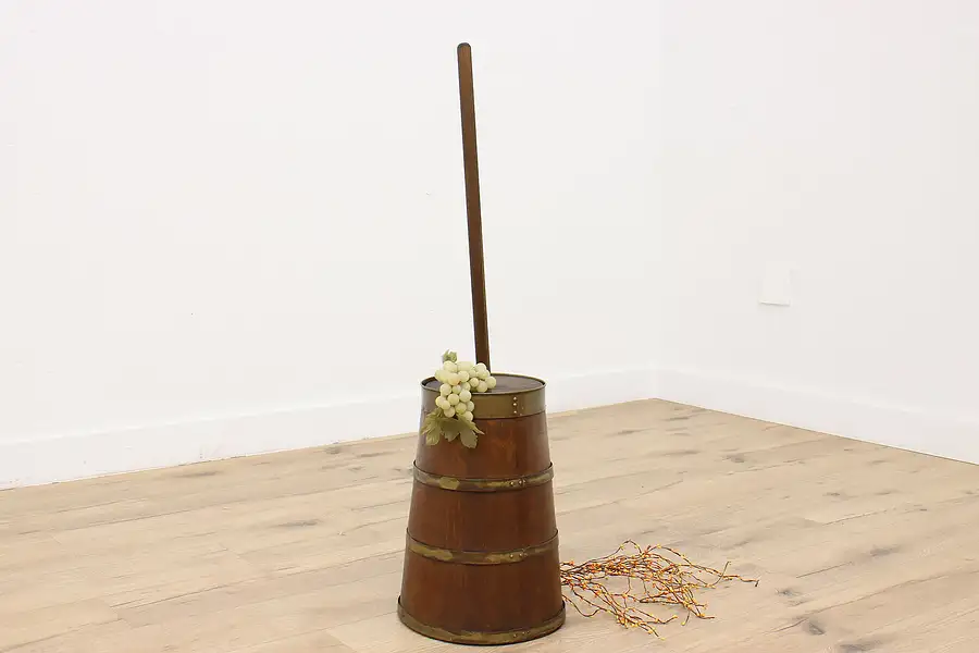 Main image of Farmhouse Antique Oak & Brass Butter Churn w/Lid & Dasher