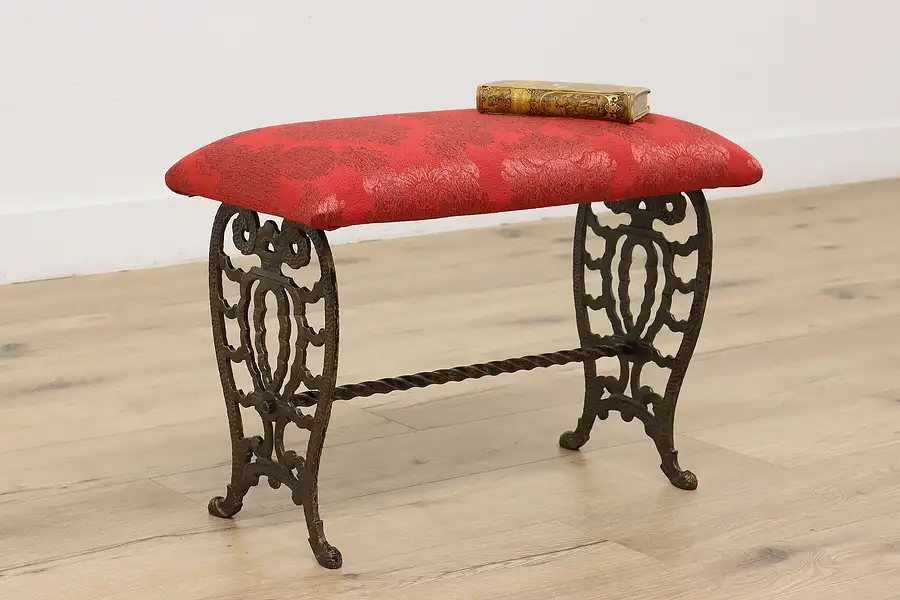 Main image of Victorian Antique Cast Iron Hall Bench, New Upholstery