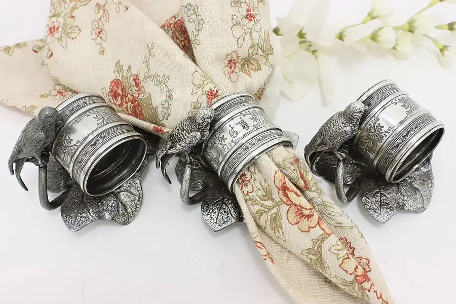 Main image of Set of 3 Victorian Antique Silverplate Napkin Rings, Birds