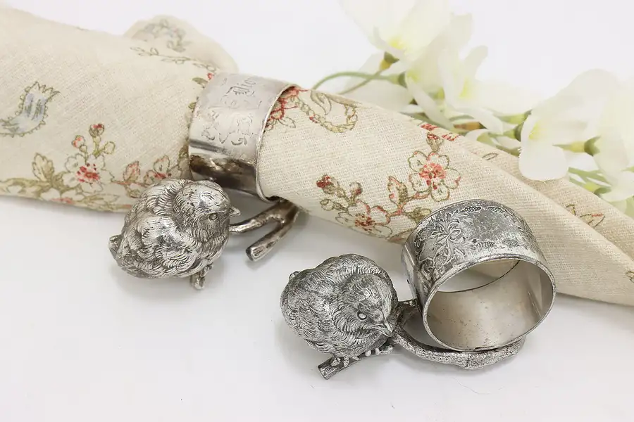 Main image of Pair of Victorian Antique Silverplate Napkin Rings, Chicks