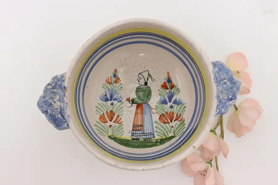 Main image of French Vintage Quimper Hand Painted Porringer Pottery Bowl