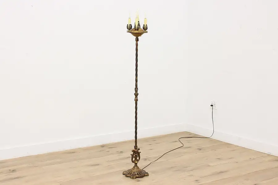 Main image of Bronze Finish Antique Floor Lamp, 5 Beeswax Candles