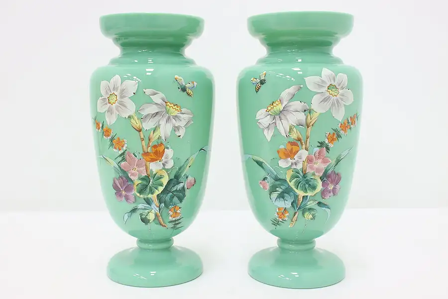 Main image of Pair of Victorian Antique Hand Painted Blown Glass Vases