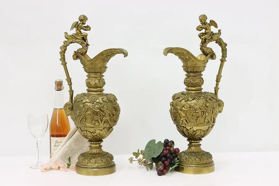 Main image of Pair of Renaissance Antique Mantel Ewers Cherubs Grapes Rams
