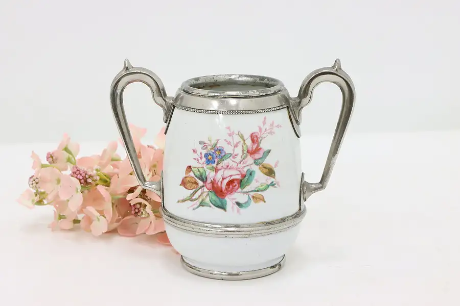 Main image of Victorian Antique Porcelain & Silver Sugar Bowl Hand Painted