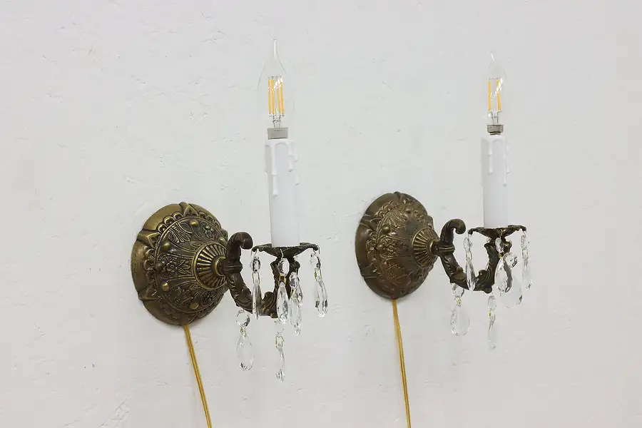 Main image of Traditional Pair of Vintage Wall Sconces, Crystal Prisms