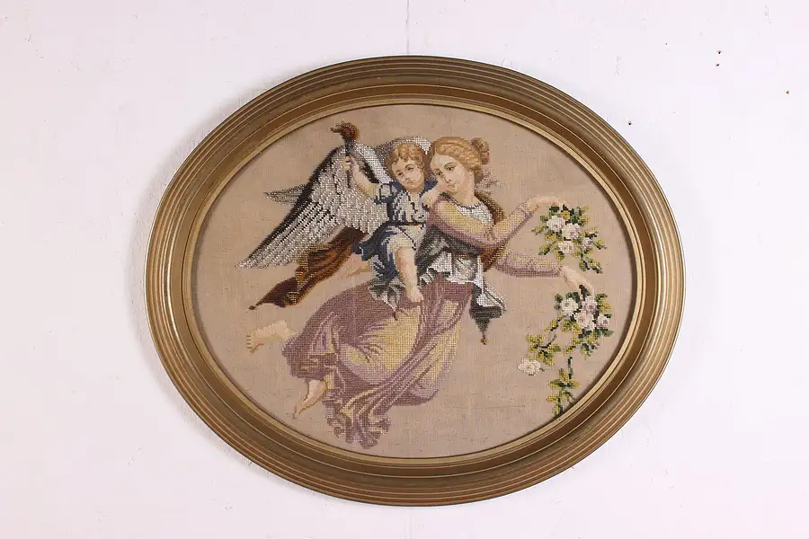 Main image of Victorian Antique Framed Woman & Cupid Needlepoint w/ Beads