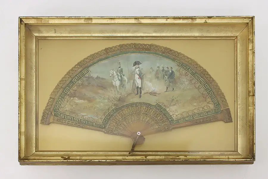 Main image of French Antique Napoleon Hand Painted Fan in Shadow Box 15"