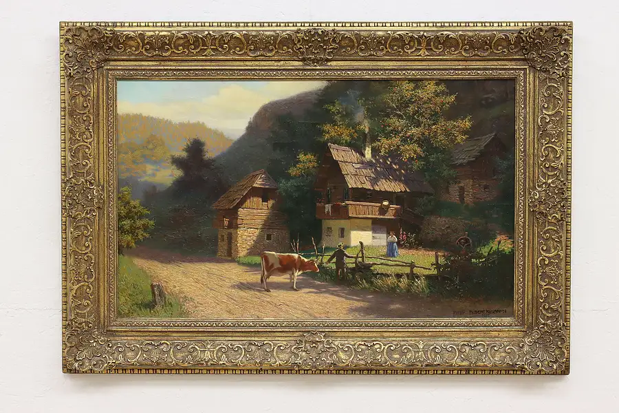Main image of Farmers & Cow Vintage Original Oil Painting, Kollmann 40.5"