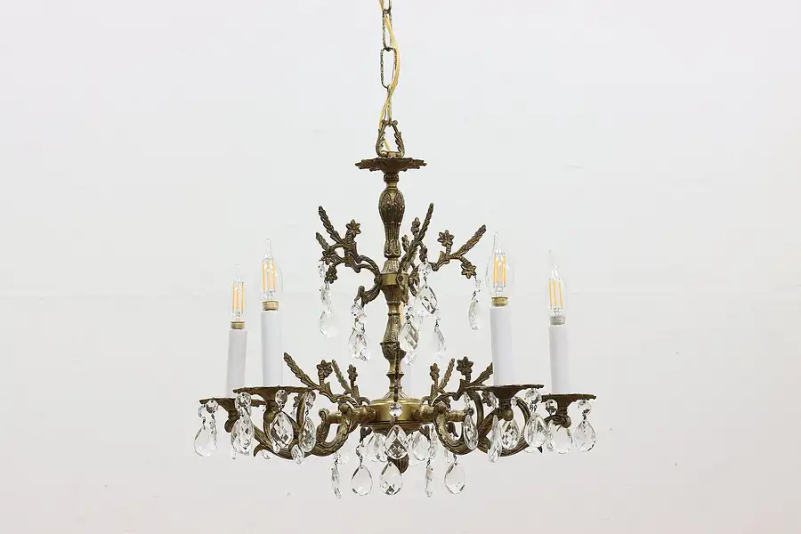 Main image of Traditional Vintage 5 Candle Chandelier w/ Prisms & Flowers