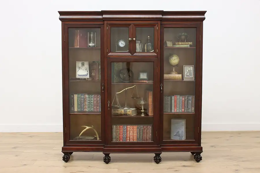 Main image of Mahogany Antique Office or Library Triple Bookcase, Paw Feet