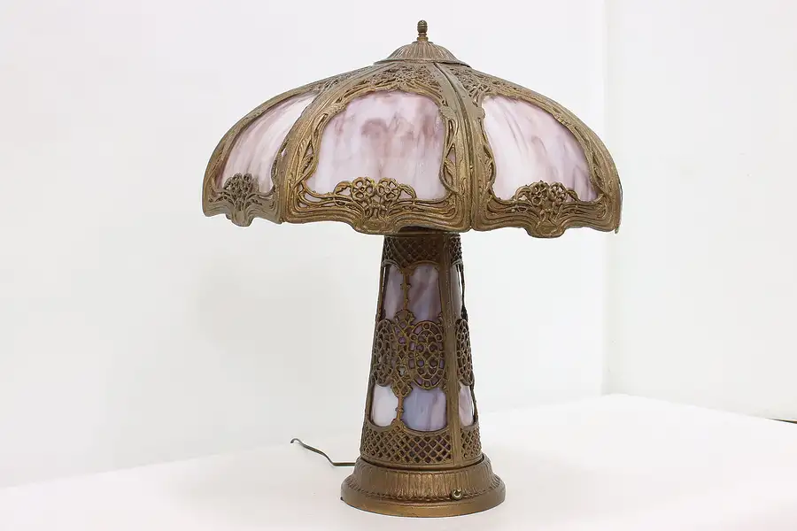Main image of Art Nouveau Design Vintage Stained Purple Glass Desk Lamp ED