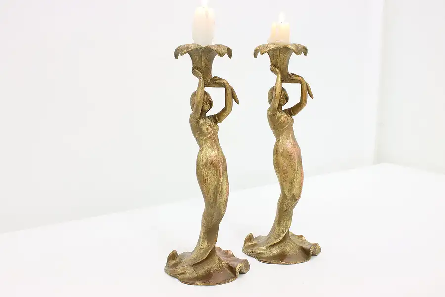 Main image of Pair of Art Nouveau Antique Woman Sculpture Candlesticks
