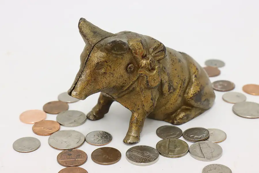 Main image of Farmhouse Antique Iron Piggy Coin Bank Pig Sculpture w/ Bow