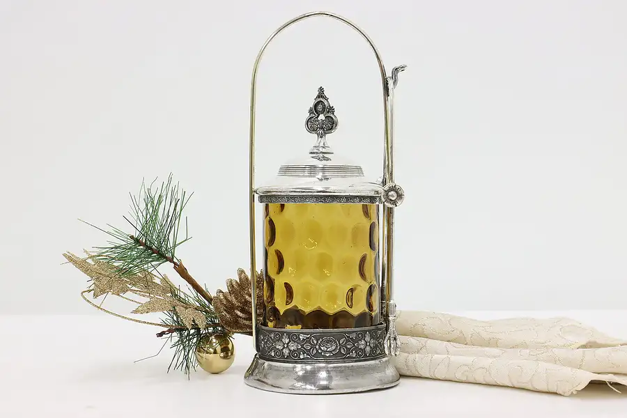 Main image of Victorian Antique Silverplate Pickle Castor Jar Amber Glass
