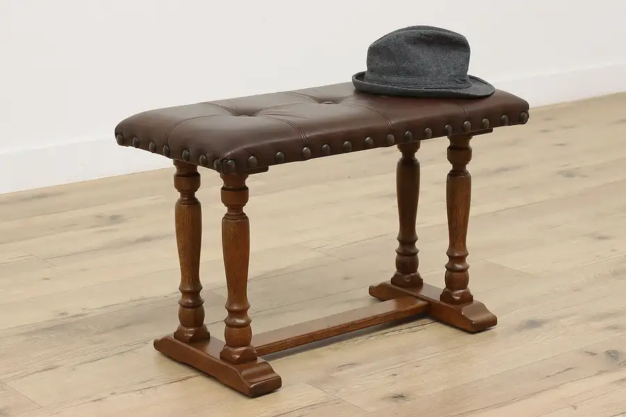 Main image of Tudor Design Vintage Oak & Leather Footstool or Hall Bench
