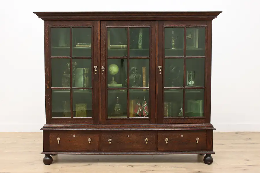 Main image of Dutch Antique Oak Triple Office Bookcase, Stained Glass