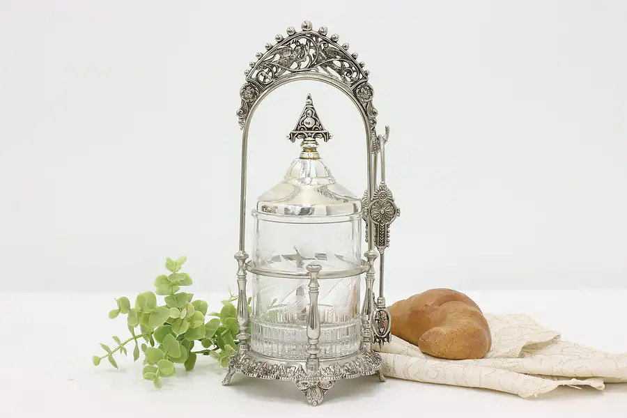 Main image of Victorian Antique Cut Glass Pickle Castor, Stand & Tongs